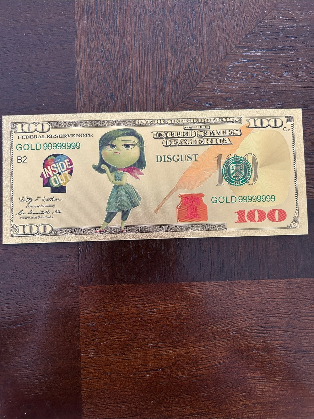 Inside Out 'Disgust' Novelty Gold $100 Collectible Bill